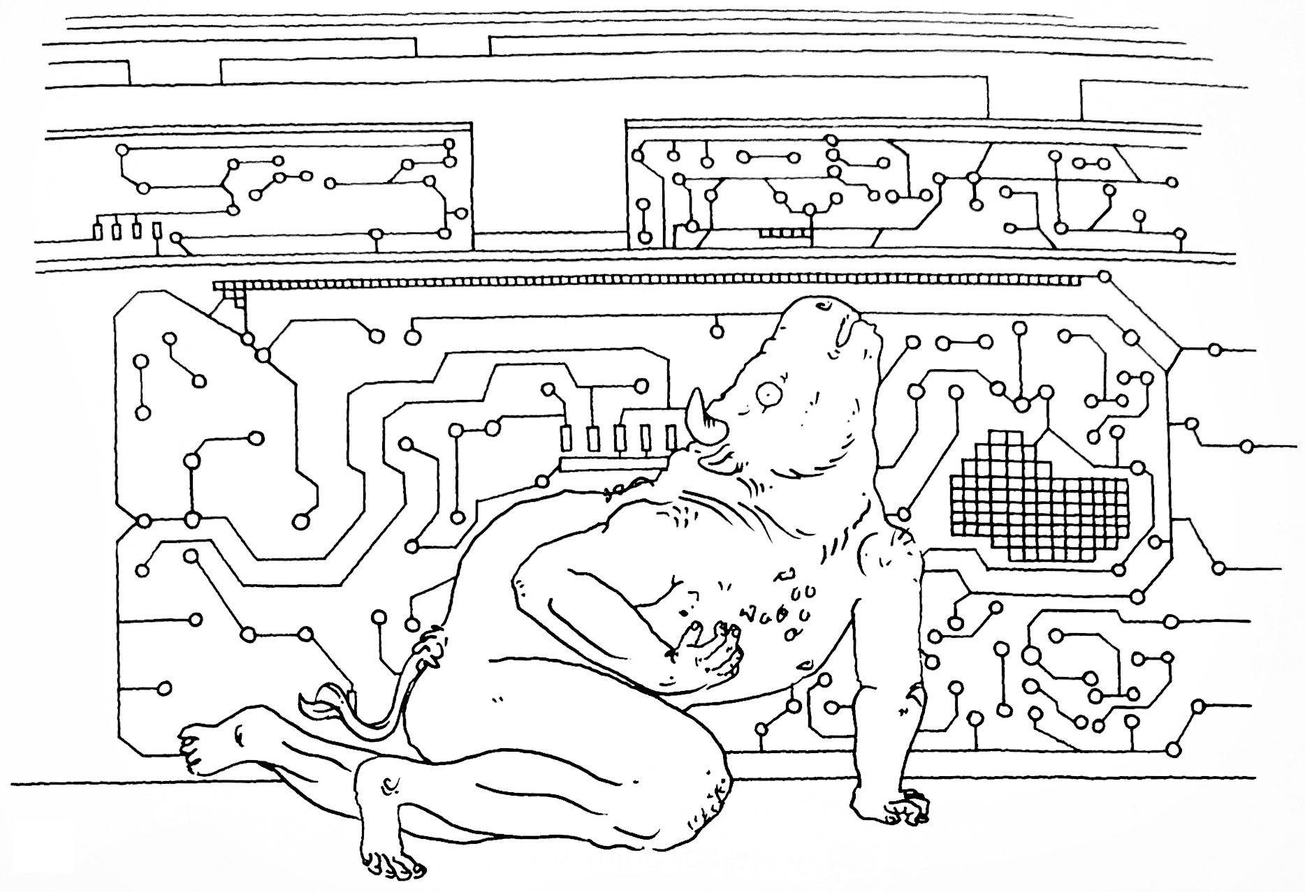 A line drawing of a minotaur clutching its chest, on a background of abstract circuit-esque patterns that seem to form a labyrinth.